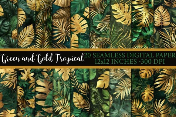 Green and Gold Tropical Leaves Patterns