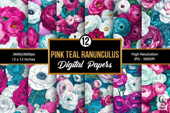 Pink Teal Ranunculus Flowers Patterns